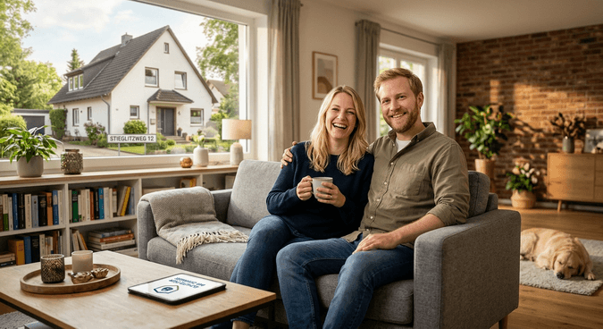 Paar entspannt auf einem Sofa mit Blick auf ein eigenes Haus durch das Fenster.“