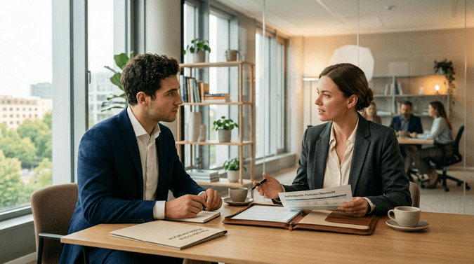 Berater im modernen Büro im Gespräch mit einem jungen Berufstätigen über Absicherungsmöglichkeiten der Arbeitskraft.